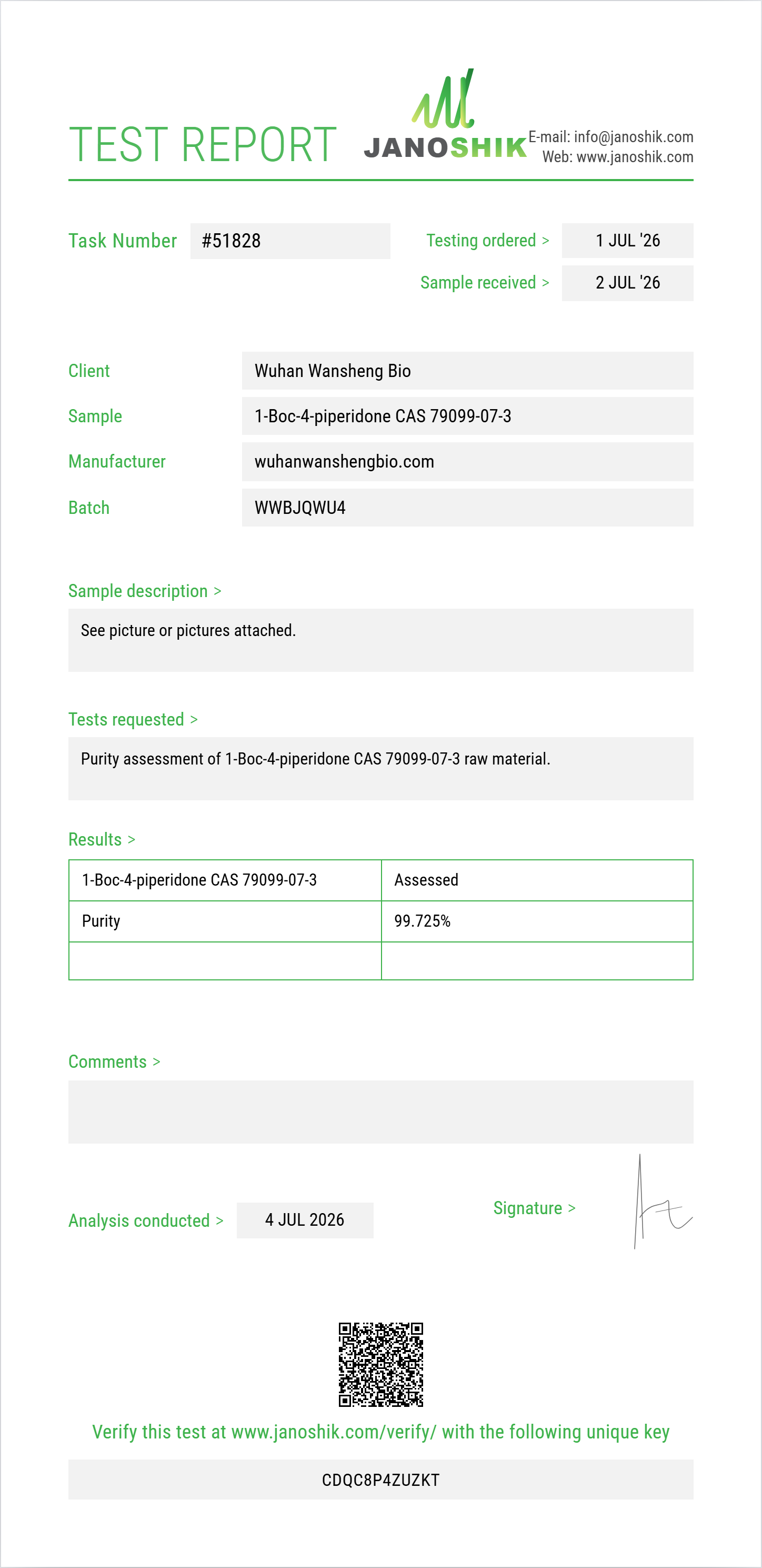 1-Boc-4-piperidone (tert-butyl 4-oxopiperidine-1-carboxylate) CAS 79099-07-3 Purity (HPLC) report by Janoshik Analytical