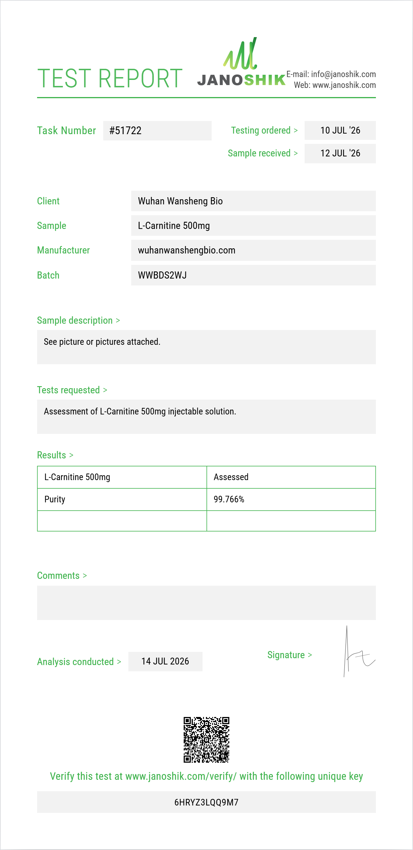 L-Carnitine 500mg Purity (HPLC) report by Janoshik Analytical