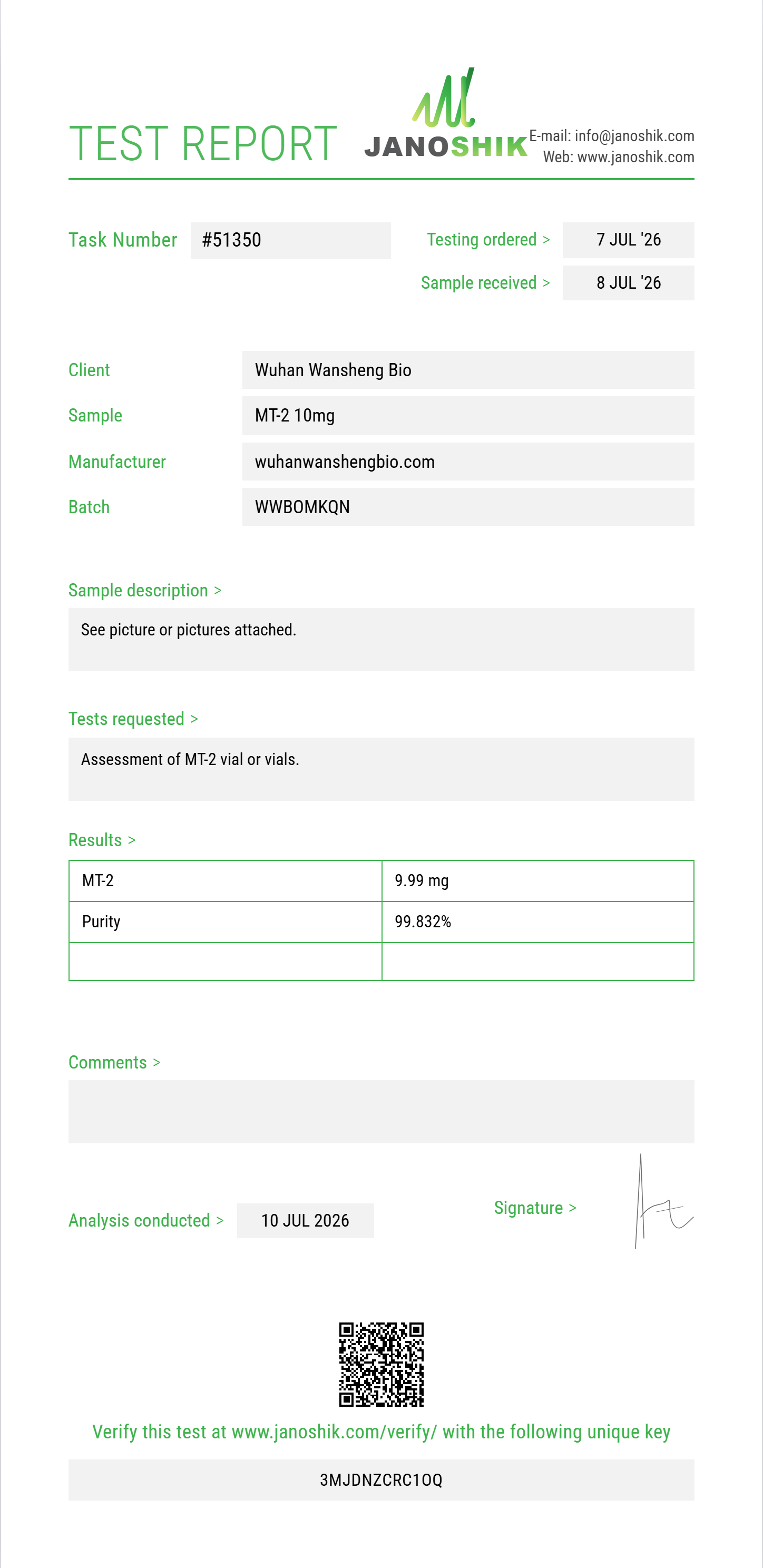MT-2 Purity (HPLC) report by Janoshik Analytical