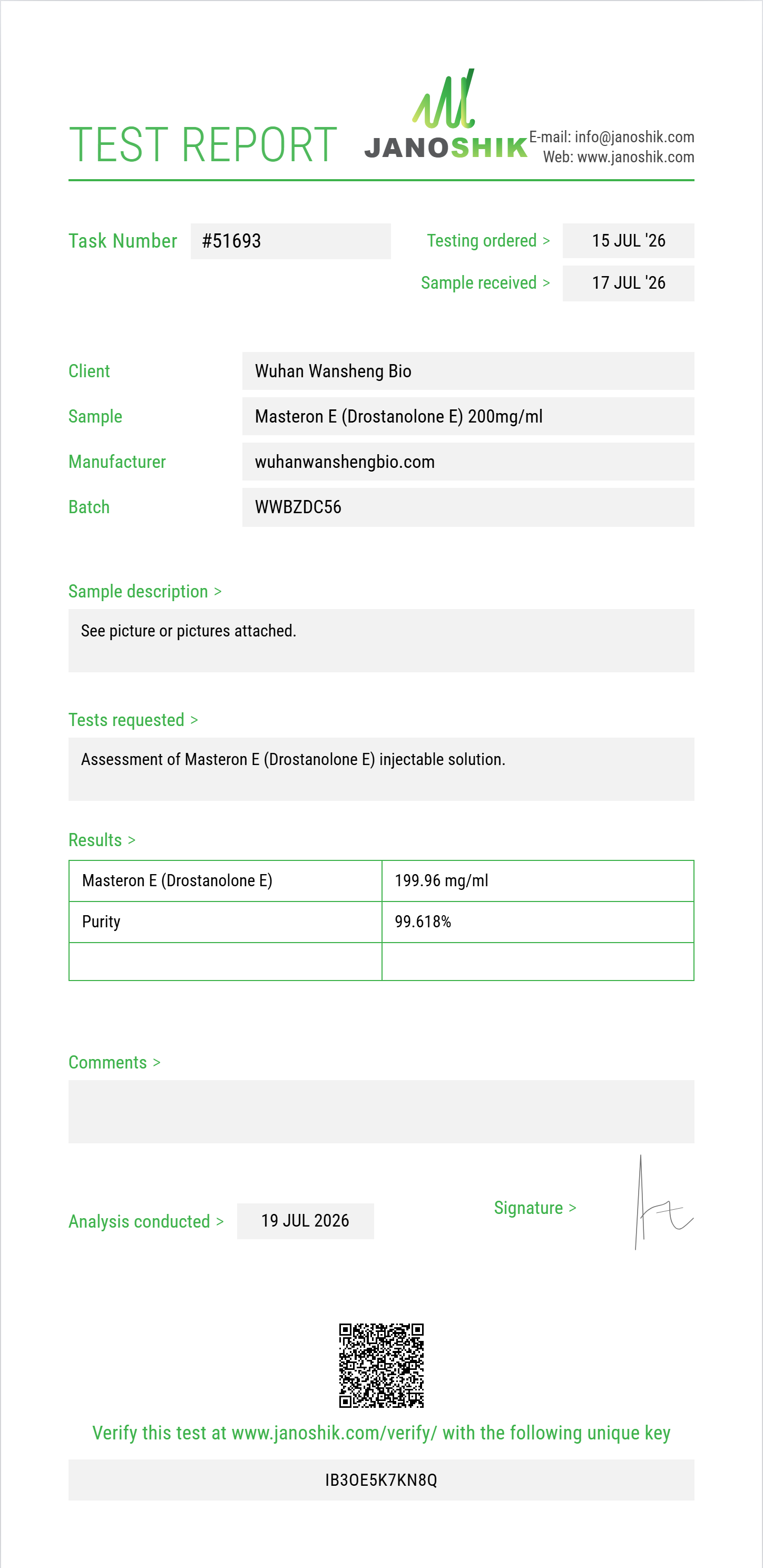 Masteron E (Drostanolone E) Purity (HPLC) report by Janoshik Analytical