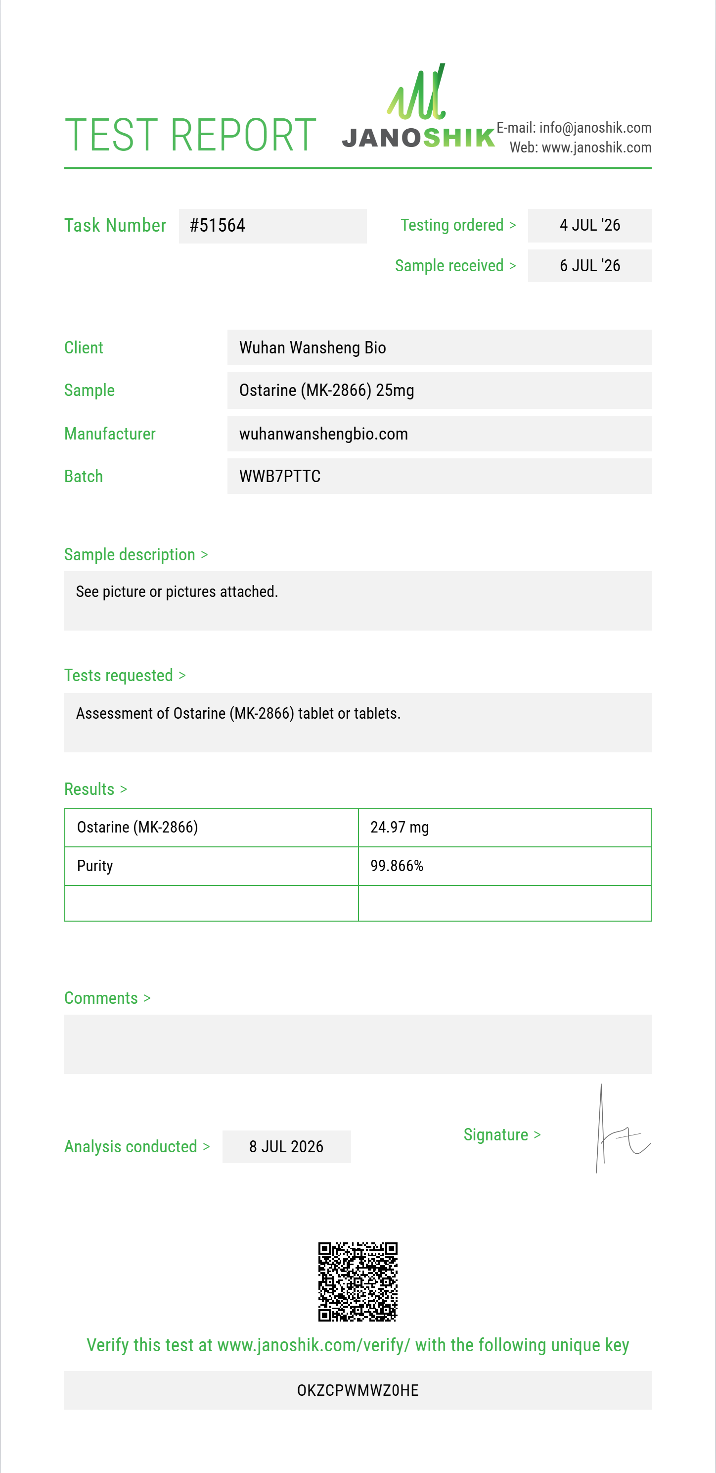 Ostarine (MK-2866) Purity (HPLC) report by Janoshik Analytical