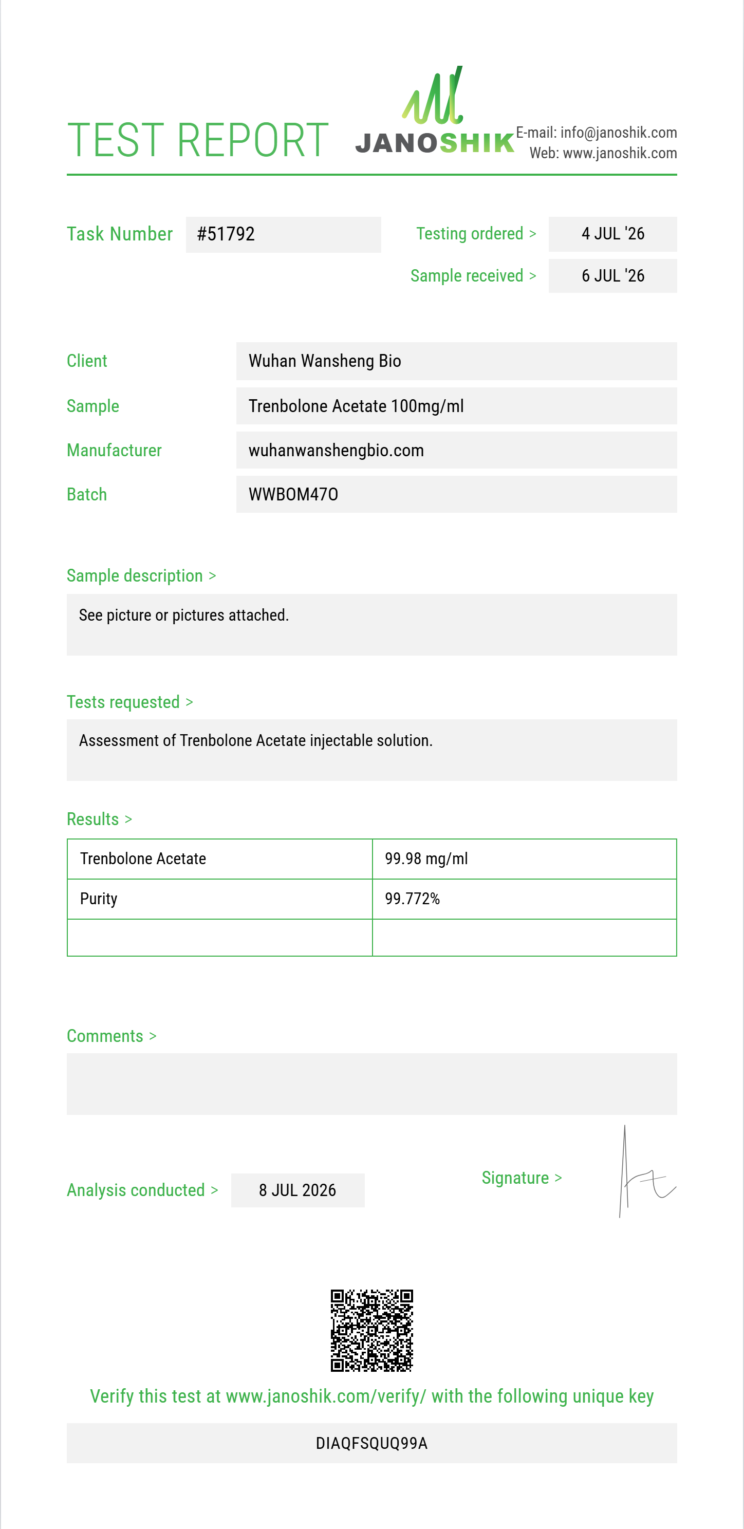 Trenbolone Acetate Purity (HPLC) report by Janoshik Analytical