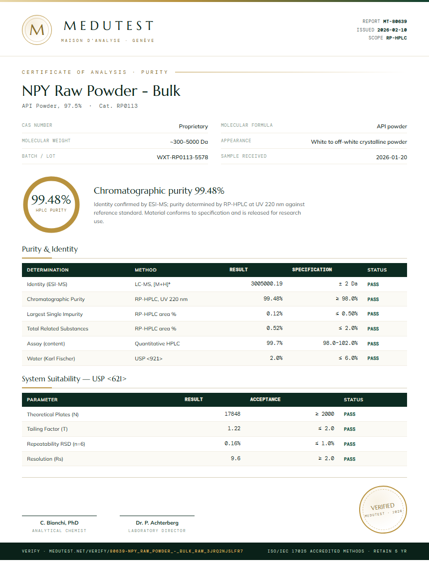 NPY Raw Powder - Bulk Purity (HPLC) report by Medutest