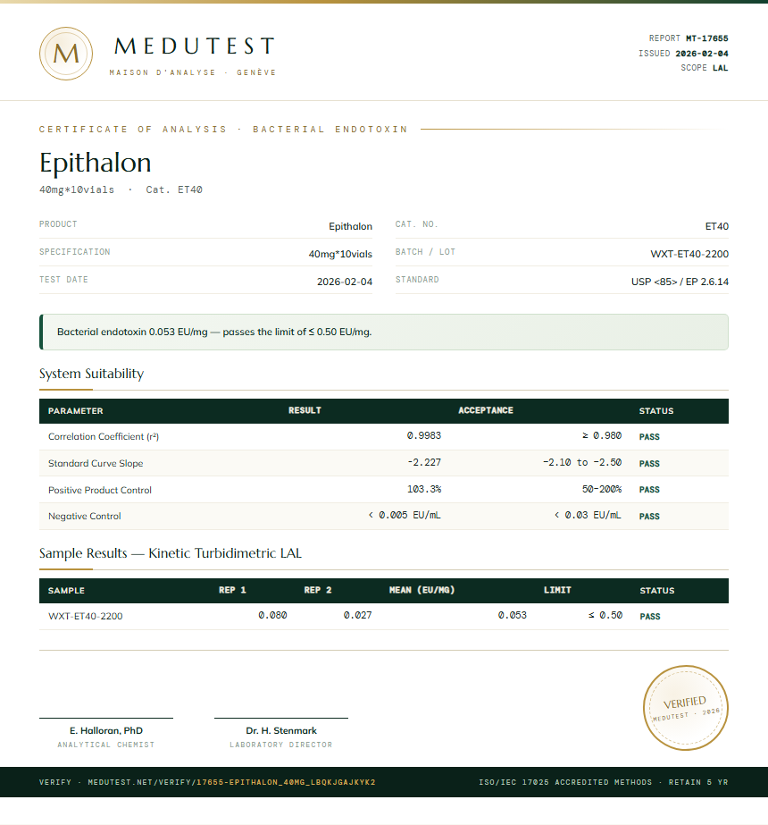Epithalon Endotoxin report by Medutest