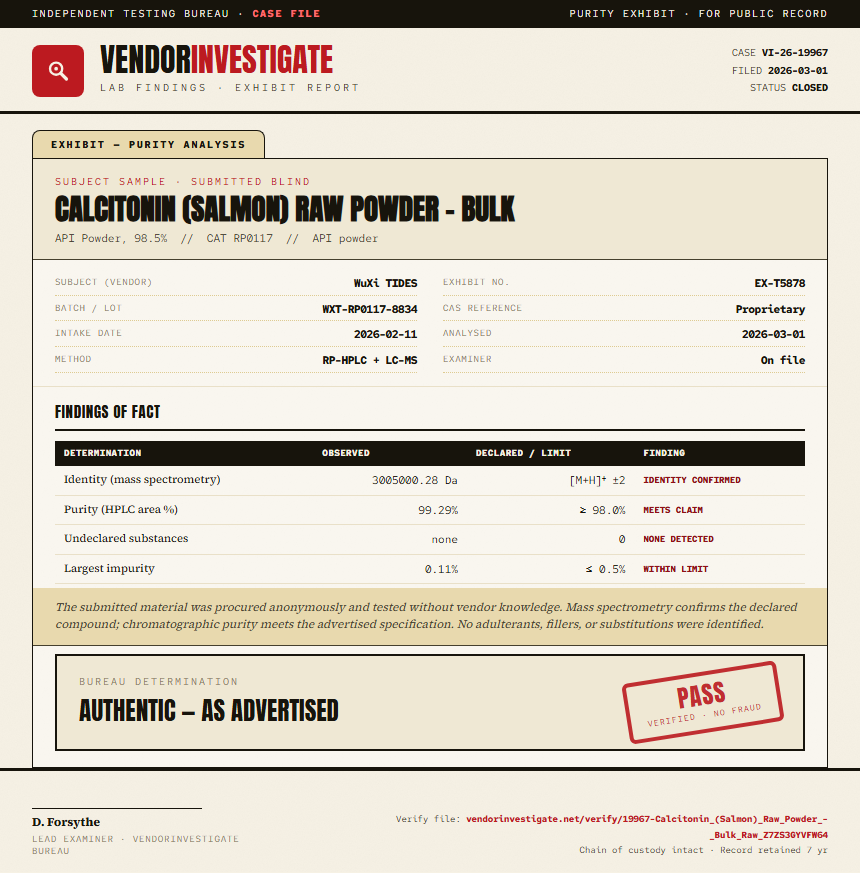 Calcitonin (Salmon) Raw Powder - Bulk Purity (HPLC) report by VendorInvestigate