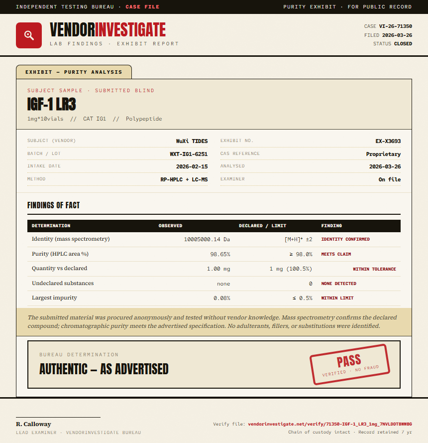 IGF-1 LR3 Purity (HPLC) report by VendorInvestigate