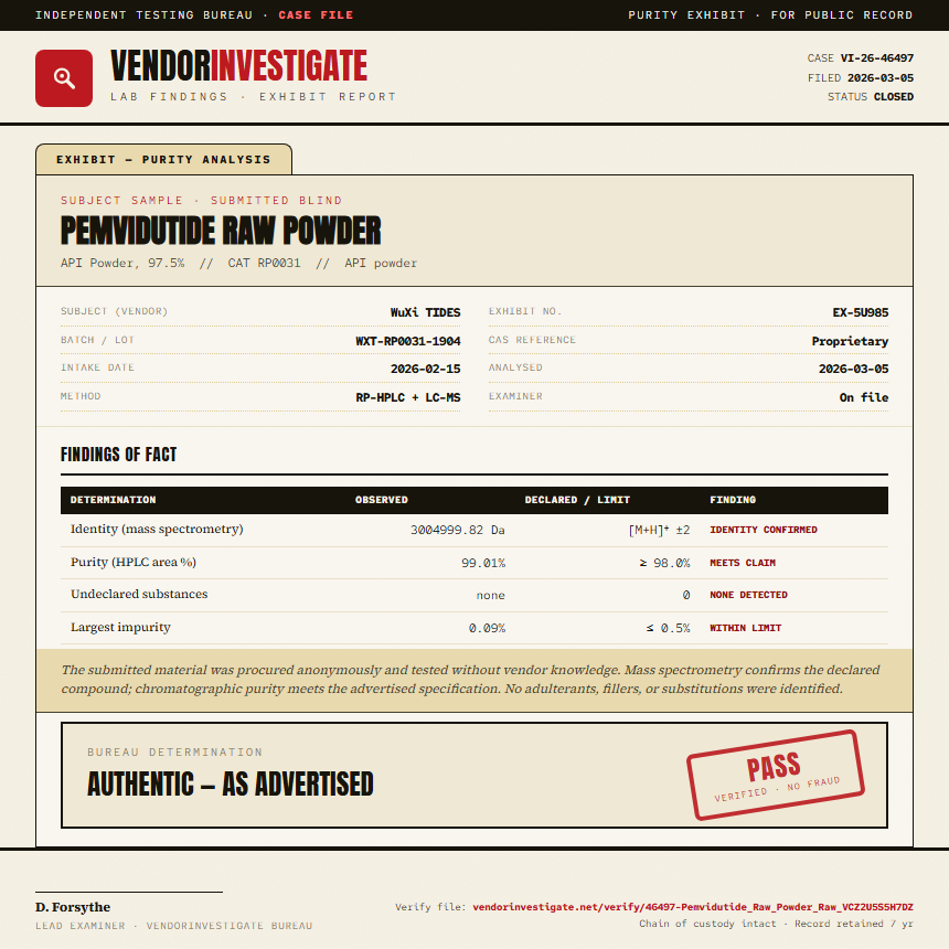 Pemvidutide Raw Powder Purity (HPLC) report by VendorInvestigate
