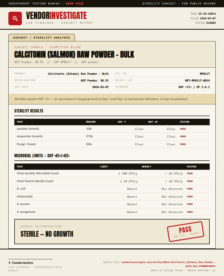 Calcitonin (Salmon) Raw Powder - Bulk Sterility report by VendorInvestigate