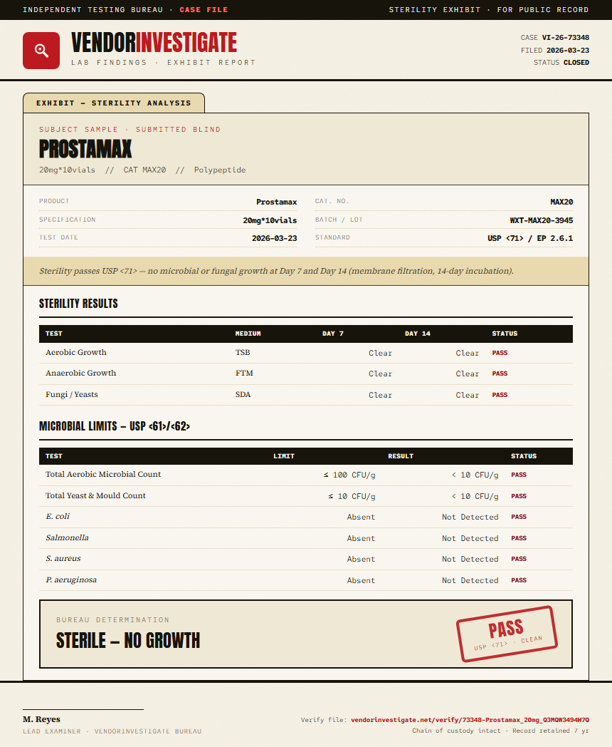 Prostamax Sterility report by VendorInvestigate